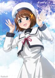  1girl 2025 arm_up artist_name blue_eyes blue_sky bob_cut bow brown_hair clouds commentary_request cowboy_shot cropped_jacket dated dress hair_between_eyes hair_ornament hair_tie hat hat_bow highres jacket long_sleeves looking_at_viewer lyrical_nanoha mahou_shoujo_lyrical_nanoha mahou_shoujo_lyrical_nanoha_a's neck_ribbon open_hands open_mouth outdoors puchikun red_ribbon ribbon sailor_collar sailor_hat short_hair sky smile solo triangle_mouth upper_body watermark white_dress white_hat white_jacket white_sailor_collar wispy_bangs x_hair_ornament yagami_hayate 