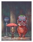  1girl artist_name boots brown_hair bus_stop colossal_titan hange_zoe leaf night rain ron_chan shingeki_no_kyojin teeth tonari_no_totoro umbrella watermark web_address 