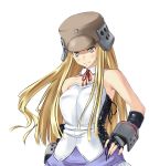  1girl bare_shoulders blonde_hair fingerless_gloves genshiken gloves hands_on_hips helmet highres kasukabe_saki long_hair ritsuko_kubel_kettenkrad ritsuko_kubel_kettenkrad_(cosplay) shirota_mizuki solo yellow_eyes 