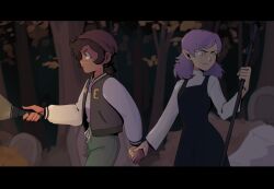  2girls amity_blight beanie black_dress byubiyubi commentary dress english_commentary flashlight graveyard hat highres holding holding_hands holding_staff luz_noceda multiple_girls pointy_ears purple_hair staff the_owl_house upper_body yellow_eyes 