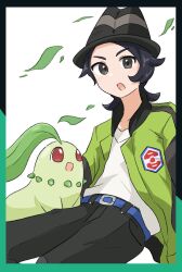  1boy :o belt black_hair black_hat black_pants blue_belt chikorita commentary_request falling_leaves green_jacket grey_eyes hat highres jacket leaf light_blush looking_at_viewer male_focus open_clothes open_jacket open_mouth pants paxton_(pokemon) pokemon pokemon_(creature) pokemon_legends:_z-a ryokukoucha shirt white_shirt 