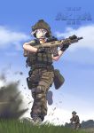  1girl absurdres arma_(series) arma_3 assault_rifle blue_eyes boots copyright_name erica_(naze1940) gloves gun headset helmet highres load_bearing_vest military military_uniform multicam_(camo) mx_ar nato_(arma) rifle scope silver_hair soldier uniform weapon 