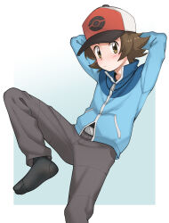  1boy arms_behind_head belt_buckle black_socks blue_jacket brown_eyes brown_hair buckle closed_mouth commentary commission hat hilbert_(pokemon) jacket light_blush looking_at_viewer male_focus pants pokemon pokemon_black_and_white short_hair socks solo spread_legs tama!_(lazyturtle) zipper_pull_tab 