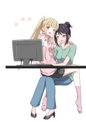  2girls black_shoes black_shorts blonde_hair blue_pants blush cho_kaguya-hime! commentary_request computer_keyboard green_eyes green_shirt hair_bun hand_on_another's_shoulder high_heels highres hood hoodie kaguya_(cho_kaguya-hime!) long_hair mole mole_under_eye monitor multiple_girls open_mouth pants pink_hoodie pink_socks ponytail purple_hair red_eyes sakayori_iroha shirt shoes shorts simple_background sitting sitting_on_lap sitting_on_person sleeveless sleeveless_hoodie smile socks white_background yuri yuto_(dialique) 