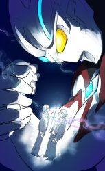  3boys akasada alien aura black_skin blue_gem color_timer colored_skin commentary darkness forehead_jewel gem giant giant_male glasses glowing gun highres hize_yuuma holding holding_gun holding_weapon ishidou_shuu jacket looking_up male_focus multicolored_skin multiple_boys no_pupils pants protecting red_skin silver_skin sketch sparkle tokusatsu ultra_series ultraman_arc ultraman_arc_(series) untranslatable_commentary weapon yellow_eyes 