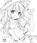 1girl blush braid chiyingzai dated drawr fang hat index_finger_raised kirisame_marisa long_hair monochrome musical_note oekaki open_mouth pointing pointing_up puffy_sleeves side_braid smile solo sparkle spoken_musical_note touhou witch_hat 