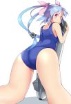  1girl blue_hair breasts hair_ornament haseneko highres i-19_(kantai_collection) kantai_collection long_hair multicolored_hair one-piece_swimsuit personification red_eyes ribbon school_swimsuit solo swimsuit symbol-shaped_pupils torpedo twintails 