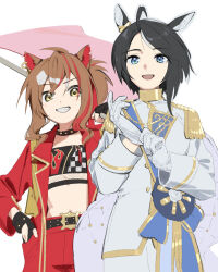 2girls adjusting_clothes adjusting_gloves ahoge animal_ears bandeau belt black_gloves black_hair blue_eyes brown_hair coat commentary ear_piercing epaulettes fingerless_gloves flag fuji_kiseki_(blanche_etoile)_(umamusume) fuji_kiseki_(umamusume) gloves grin hand_in_pocket holding holding_flag horse_ears jacket jungle_pocket_(umamusume) jungle_pocket_(vermilion_head)_(umamusume) long_sleeves michia_(bourgognepony) midriff multicolored_hair multiple_girls notched_ear open_clothes open_coat open_mouth pants piercing red_coat red_pants smile streaked_hair umamusume white_gloves white_jacket white_pants yellow_eyes 