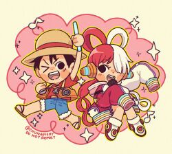  >_o 1boy 1girl black_eyes black_hair chibi chibi_only chunafishy full_body glowstick hair_rings hat holding holding_glowstick holding_microphone microphone monkey_d._luffy multicolored_hair musical_note one_eye_closed one_piece open_mouth red_hair red_shorts sandals shoes shorts sleeves_past_fingers sleeves_past_wrists sparkle split-color_hair straw_hat uta_(one_piece) white_hair white_shoes 