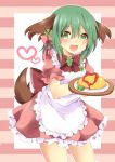  1girl 3535carrot animal_ears apron blush border bow fang food green_eyes green_hair hair_bow heart kasodani_kyouko looking_at_viewer omurice open_mouth plate puffy_short_sleeves puffy_sleeves short_sleeves solo striped tail touhou waitress 