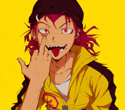  1boy akanbe anah_41 beanie black_hat collared_jumpsuit commentary danganronpa_(series) danganronpa_2:_goodbye_despair eyelid_pull hat jumpsuit long_hair male_focus middle_finger piercing pink_hair red_eyes sharp_teeth shirt simple_background sketch smile soda_kazuichi solo teeth tongue tongue_out tongue_piercing upper_body white_shirt yellow_background yellow_jumpsuit 