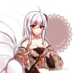  1girl ahoge albino ara_han bare_shoulders breasts character_name cleavage doily elsword fox_tail japanese_clothes large_breasts long_hair multiple_tails red_eyes shoulderless_dress smile solo tail tangel white_hair 