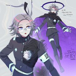  1boy :d :o aotsuki_eito armband artist_self-insert belt black_boots black_cloak black_jacket black_pants boots carrot cloak commentary_request doodle_inset floating gakuran glasses gloves grey_background grey_hair halo hand_on_own_hip highres holding holding_scythe holding_weapon hole_in_chest hole_on_body hsh7955 jacket korean_commentary last_defense_academy_school_uniform looking_at_viewer male_focus multiple_views official_alternate_hairstyle pants school_uniform scythe short_hair smile spoilers sweat tablet_pc the_hundred_line_-last_defense_academy- violet_eyes weapon white_armband white_belt white_gloves 