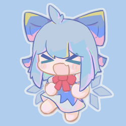  >_< 1girl :d ahoge ball_hands barefoot blue_bow blue_dress blue_hair blush bow bowtie chibi chibi_only cirno closed_eyes commentary_request double-parted_bangs dress fang full_body hair_bow highres ice ice_wings open_mouth outline pinafore_dress red_bow red_bowtie shirt short_hair short_sleeves simple_background skin_fang sleeveless sleeveless_dress smile solo standing standing_on_one_leg tarokoko touhou white_outline white_shirt wings xd 
