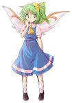  1girl ascot blue_dress bow dairi daiyousei dress fairy_wings green_eyes green_hair hair_bow puffy_sleeves shirt short_sleeves side_ponytail simple_background smile solo touhou white_background wings 