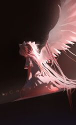  1girl absurdly_long_hair angel_wings artist_name bare_legs barefoot black_background bow ceey chinese_commentary commentary_request dress feathered_wings feet frilled_dress frilled_sleeves frills from_behind full_body goddess_madoka hair_bow hair_flowing_over highres kaname_madoka kneeling light_particles long_hair mahou_shoujo_madoka_magica mahou_shoujo_madoka_magica_(anime) pink_hair short_dress short_sleeves soles solo spread_wings toes two_side_up very_long_hair white_bow white_dress white_wings wings 
