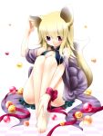  1girl animal_ears aten barefoot blonde_hair breasts cleavage highres legs long_hair original simple_background skirt smile solo tail violet_eyes white_background 