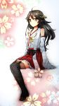  1girl ahoge bare_shoulders black_hair black_legwear brown_eyes detached_sleeves hairband haruna_(kantai_collection) highres japanese_clothes kantai_collection long_hair looking_at_viewer personification skirt smile solo thighhighs 