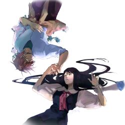  1boy 1girl absurdres aono-kun_ni_sawaritai_kara_shinitai aono_ryuuhei black_dress black_eyes black_hair couple disembodied_hand dress english_commentary flower hand_on_another's_hand highres holding_another's_wrist kariya_yuri long_hair looking_at_another lying medium_hair on_back parted_lips pinafore_dress pink_flower pink_hair puffy_short_sleeves puffy_sleeves red_ribbon ribbon second-party_source shirt short_sleeves sleeveless sleeveless_dress transparent_background white_shirt ysther 