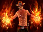  1boy abs black_hair buckle elbow_pads fire freckles goggles_on_hat hat horns jeannette11 jewelry knife male navel necklace one_piece portgas_d_ace shirtless skull solo tattoo watermark web_address 
