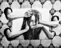  1girl 4others black_hair breaking_through_wall caressing_cheek commentary covering_another's_mouth dreamscreep east_asian english_commentary fingernails grabbing_another's_hair graphite_(medium) greyscale highres holding_another's_hair long_hair looking_at_viewer monochrome multiple_others original realistic shirt tape through_medium traditional_media upper_body wallpaper_(object) 