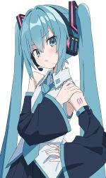  1girl aqua_eyes aqua_hair aqua_necktie aqua_trim black_skirt black_sleeves blush closed_mouth collared_shirt commentary detached_sleeves dot_nose frilled_shirt frills hair_between_eyes hair_ornament hand_on_own_hip hand_on_own_shoulder hatsune_miku head_tilt headphones headset highres kaie long_hair long_sleeves looking_at_viewer necktie number_tattoo pleated_skirt shirt shoulder_tattoo sidelocks simple_background skirt sleeveless sleeveless_shirt solo tattoo twintails untucked_shirt upper_body very_long_hair vocaloid white_background white_shirt wide_sleeves wing_collar 