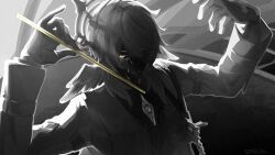  1boy brooch closed_mouth conductor conductor_baton crying crying_with_eyes_open doggie117 eye_symbol eyes_in_shadow false_smile gloves grey_background greyscale hair_between_eyes half-closed_eyes halo halo_behind_head hands_up head_wings highres holding_baton honkai:_star_rail honkai_(series) jacket jewelry long_sleeves looking_at_viewer male_focus medium_hair monochrome one_eye_covered shirt sideways_glance smile solo spot_color sunday_(honkai:_star_rail) sunday_(sacerdos'_relived_ordeal)_(honkai:_star_rail) tears turtleneck turtleneck_shirt upper_body wings yellow_eyes 