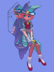  1girl absurdres blue_background blue_eyes blue_hat blue_jacket blue_skirt bow bowtie broken_mirror brooch closed_mouth commentary copy_ability film_grain full_body gloves hat highres holding holding_wand invisible_chair jacket jester_cap jewelry kanafumi_(spindle) kirby kirby_(series) looking_at_reflection looking_back mirror mirror_kirby open_clothes open_jacket personification pink_hair pink_shirt puffy_short_sleeves puffy_sleeves red_bow red_bowtie red_shoes reflection shirt shoes short_hair short_sleeves simple_background sitting skirt socks solo star_(symbol) star_in_eye striped_clothes striped_headwear striped_jacket striped_skirt symbol_in_eye twitter_username untranslatable_commentary vertical-striped_clothes vertical-striped_headwear vertical-striped_jacket vertical-striped_skirt wand watermark white_gloves white_socks 