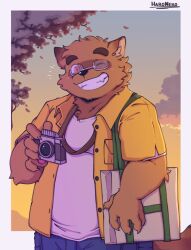  1boy animal_ears artist_name bag camera claws clouds dusk english_commentary fangs furry furry_male grin haro_neko226 highres holding holding_camera kounosuke_kuri looking_at_viewer male_focus morenatsu one_eye_closed open_clothes open_shirt pawpads raccoon_boy raccoon_ears raccoon_tail shirt shoulder_bag smile tail white_shirt yellow_shirt 