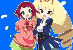  2girls :d big_hair blonde_hair blue_background blue_dress bow brown_hair commentary_request dress drill_hair fingerless_gloves gloves green_eyes green_shorts hair_between_eyes hair_bow hood hood_down hoodie kaidou_zx long_hair long_sleeves looking_at_viewer luna_platz_(mega_man) mega_man_(series) mega_man_star_force_(series) multiple_girls open_mouth orange_bow outline pink_gloves pink_hoodie pointing pointing_at_viewer red_hair short_hair shorts smile sonia_strumm_(mega_man) twin_drills twintails very_long_hair white_outline 