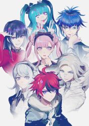  3girls 4boys ahoge amemiya_darumi aotsuki_eito black_bow black_hair black_hairband black_streaks blue_eyes blue_hair bow bowknot_huhu braid choker closed_mouth dress_shirt earrings eyepatch facial_mark glasses grey_hair grey_jacket grin group_picture hair_bow hairband heart heart_facial_mark highres hood hoodie jacket jacket_over_hoodie jewelry kirifuji_nozomi long_hair looking_at_viewer makeup multicolored_hair multiple_boys multiple_girls necktie omokage_yugamu one_eye_closed open_mouth pink_eyes pink_hair portrait purple_hair purple_jacket red_hair shirt short_hair simple_background smile streaked_hair striped_clothes sumino_takumi the_hundred_line_-last_defense_academy- tsukumo_ima tsukumo_kako twintails two-tone_hair upper_body violet_eyes white_background white_hair white_hoodie white_jacket 