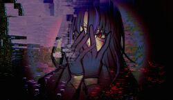  1girl abstract_background absurdres black_gloves black_hair blue_streaks commentary covering_one_eye english_commentary glitch gloves hands_on_own_face highres jacket limbus_company long_hair looking_to_the_side multicolored_hair myeongwora one_eye_covered pinky_(identity)_(project_moon) portrait project_moon red_eyes ryoshu_(project_moon) scar scar_on_face solo streaked_hair suit suit_jacket 