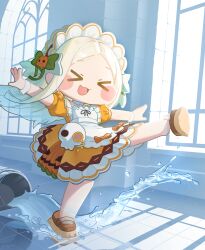  >_< 1girl :d absurdres apron blonde_hair bucket chibi commentary_request dress food-themed_hair_ornament forehead frills gradient_hair hair_ornament highres indoors korean_commentary maid maid_apron maid_headdress mask multicolored_hair orange_dress pumpkin_hair_ornament pungsun skull_mask smile solo speaki_(trickcal) trickcal water xd 
