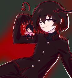  2boys ahoge androgynous araragi_koyomi azmcch black_eyes black_gloves black_hair black_jacket black_pants black_pantyhose black_shirt black_skirt blush bob_cut border closed_mouth collared_shirt colored_shadow commentary crossdressing crossdressing_(mtf) dress_shirt empty_eyes expressive_hair flying_sweatdrops gakuran gloves gradient_background grey_background hair_over_one_eye hand_up high_collar highres holding holding_mini_person jacket leaning_back looking_at_viewer mini_person miniboy monogatari_(series) multiple_boys narrowed_eyes naughty_face oshino_ougi pale_skin pants pantyhose pink_shirt pleated_skirt raised_eyebrows red_background red_border russian_commentary school_uniform shadow shirt short_hair skirt smile turtleneck undershirt v-shaped_eyes wavy_mouth white_eyes 