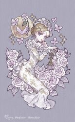  0sea0dove 1girl blonde_hair blue_eyes blue_gem bottle bug butterfly character_name choker commentary_request cropped_legs disembodied_hand dress dress_flower earrings floral_print floral_print_dress flower flower_trim frilled_sleeves frills full_moon gem hair_flower hair_ornament hand_on_own_chin highres hobble_dress holding holding_flower identity_v jewelry long_dress long_sleeves moon official_alternate_costume parted_lips patterned_clothing perfume_bottle print_dress purple_background purple_butterfly rose see-through_clothes see-through_veil sideways_glance simple_background solo sparkle standing swept_bangs veil vera_nair vera_nair_(tonight_or_never) violet_eyes white_choker white_dress white_flower white_rose white_veil wrist_flower 
