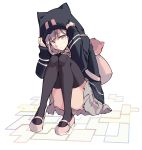  1girl animal_hood backpack bag black_legwear cat_hood dangan_ronpa hood hoodie knees_on_chest nakatani nanami_chiaki purple_hair skirt smile solo super_dangan_ronpa_2 thighhighs violet_eyes 