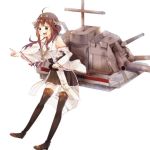  1girl ahoge bare_shoulders boots brown_hair cannon detached_sleeves double_bun green_eyes hair_ornament hairband headgear japanese_clothes kantai_collection kongou_(kantai_collection) long_hair mofun nontraditional_miko open_mouth personification pointing skirt smile thigh_boots thighhighs turret zettai_ryouiki 