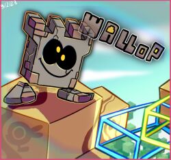  abitofepicness black_sclera blue_sky border character_name closed_mouth clouds colored_sclera commentary crack dated day english_commentary full_body no_humans outline pink_border rayman_limbs sky smile solo super_mario_3d_land super_mario_bros. wallop_(mario) yellow_eyes yellow_outline 