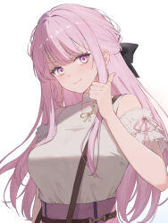  1girl blush bow breasts commentary_request dress earrings hair_bow highres jewelry large_breasts long_hair looking_at_viewer mikogami_kotone momopan_777 multicolored_eyes nail_polish nijisanji off-shoulder_dress off_shoulder pink_eyes pink_hair pink_nails ring simple_background solo thumbs_up virtual_youtuber white_background 
