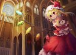  1girl adapted_costume arcade bare_shoulders blonde_hair detached_sleeves doll_hug dress flandre_scarlet hat hat_ribbon highres mob_cap open_mouth pointy_ears red_dress red_eyes ribbon side_ponytail solo stained_glass stuffed_animal stuffed_toy sxbzero teddy_bear touhou wings 