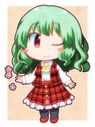  1girl ;) ascot black_pantyhose blush_stickers border chibi chibi_only closed_mouth collared_shirt commentary_request flower_symbol frilled_skirt frills full_body highres kazami_yuuka looking_at_viewer matty_(zuwzi) one_eye_closed orange_background outline outside_border pantyhose plaid_clothes plaid_skirt plaid_vest polka_dot polka_dot_background red_eyes red_shoes red_vest shirt shoes skirt skirt_set smile solo standing thick_eyebrows touhou vest white_border white_outline white_shirt yellow_ascot 