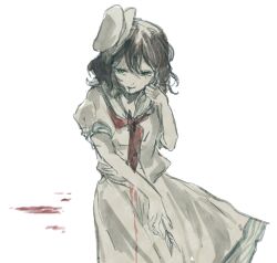  1girl arrow_(projectile) arrow_in_body arrow_through_heart black_hair blood blood_from_mouth blood_on_clothes commentary_request dress green_eyes hat highres looking_at_viewer medium_hair mitsusame murasa_minamitsu sailor_dress sailor_hat short_sleeves skirt solo touhou white_background white_hat white_skirt 