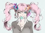  1girl blue_eyes breasts candy cleavage dangan_ronpa enoshima_junko eyelashes grin hair_ornament hair_ribbon large_breasts lollipop long_hair meroo_(zest) monokuma nail_polish pink_hair pullover ribbon smile solo twintails 