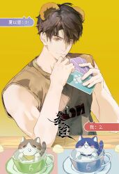  1boy aegyo_sal animal_ears bear_ears brown_hair brown_shirt caleb_(love_and_deepspace) card cat chinese_commentary chinese_text closed_mouth commentary_request crew_neck cup highres holding holding_card looking_at_viewer love_and_deepspace male_focus muscular muscular_male nose parted_bangs playing_card_game playing_games santu_6 shirt short_hair simple_background sleeveless sleeveless_shirt smile solo table violet_eyes watermark yellow_background 