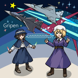  2girls absurdres aircraft airplane alternate_eye_color belt black_belt black_hat black_skirt black_socks blonde_hair boots bow brown_boots brown_hair buttons collared_dress contrast_collar dress english_commentary english_text fighter_jet galm_x_lmr_(ryonasa) green_eyes hat hat_bow highres holding_lightstick lightstick long_sleeves maribel_hearn military_vehicle mob_cap multiple_girls open_mouth purple_dress red_eyes saab_gripen shirt skirt socks sparkle standing star_(symbol) touhou usami_renko white_hat white_shirt 