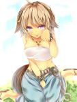  1girl animal_ears bracelet breasts brown_hair elbia_hernaiman hiiragi_yashiro jewelry large_breasts looking_at_viewer midriff navel necklace outbreak_company paw_pose sandals solo tail tongue violet_eyes wolf_ears wolf_tail 