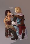  2boys age_difference artist_name assassin&#039;s_creed assassin&#039;s_creed_iii assassin&#039;s_creed_iv:_black_flag back blonde_hair boots connor_kenway edward_kenway embarrassed grandfather_and_grandson highres hood hood_down jacket long_hair multiple_boys native_american pants riense sash shirt smile vambraces younger 