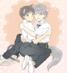  2boys animal_ears blue_eyes brown_hair cat_ears cat_tail fujiharu_(akamine) grey_hair hug ikari_shinji male multiple_boys nagisa_kaworu neon_genesis_evangelion open_mouth red_eyes school_uniform short_hair smile tail wink yaoi 