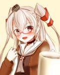  1girl :d amatsukaze_(kantai_collection) coffee coffee_cup glasses hair_tubes headgear kantai_collection looking_at_viewer open_mouth sekino_takehiro silver_hair sketch smile solo steam two_side_up 