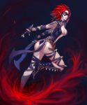  1girl absurdres alternate_costume ass breasts brown_eyes deneb_(noble324) evelynn fingerless_gloves gloves high_heels highres league_of_legends mask parted_lips pointy_ears redhead short_hair smile solo spikes 